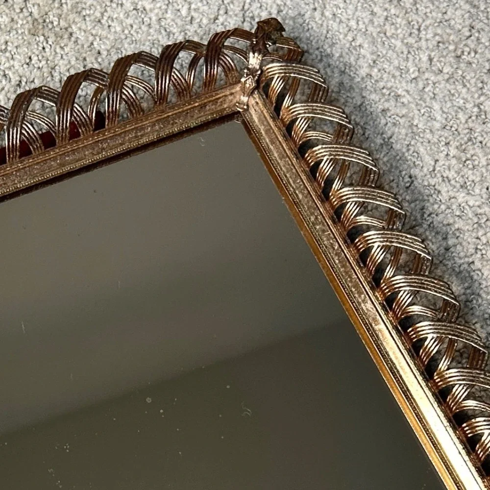 Vintage Brass Ornate Vanity Mirror Easel Back Tabletop Hollywood Regency 11.5
